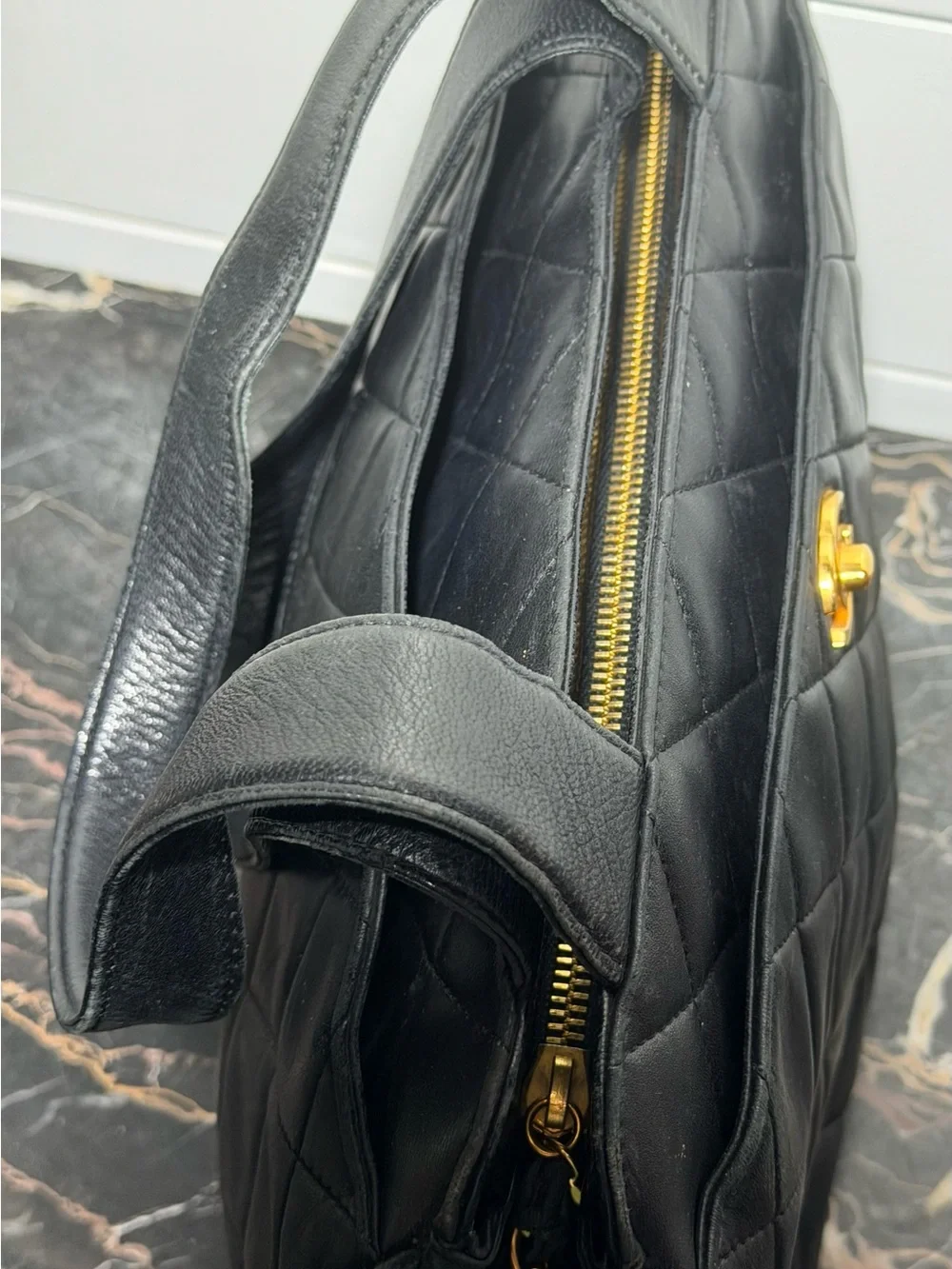 CHANEL Vintage Black Quilted Top Handled Handbag Gold CC Logo